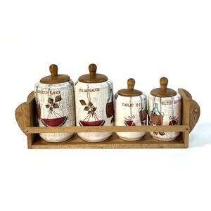 Vintage Royal Sealy Jamaican Condiment Sauce Jar Wood Shelf Set of 4 Japan